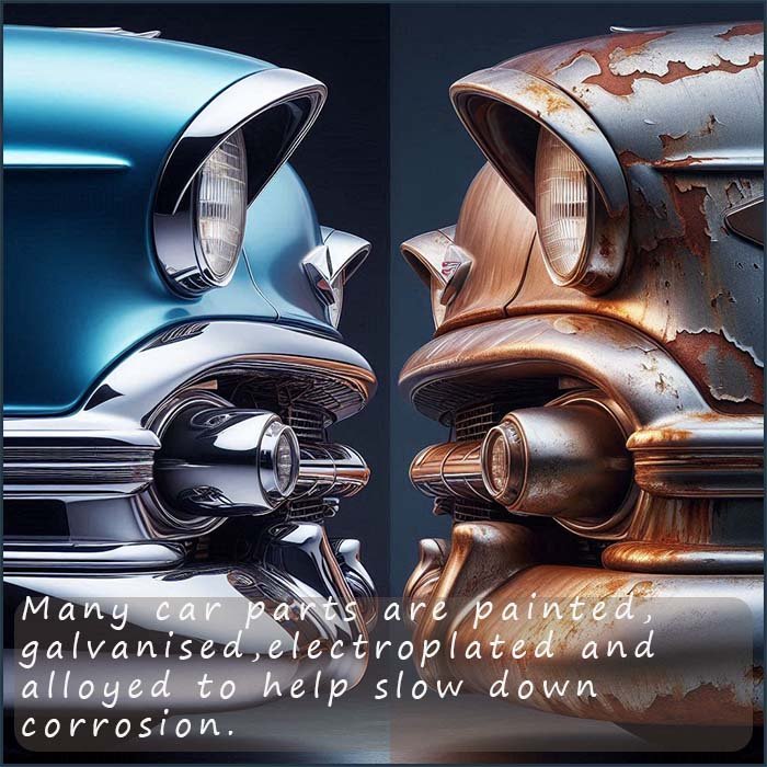 Many car parts are painted, galvanised, electroplated and alloyed to help slow down corrosion